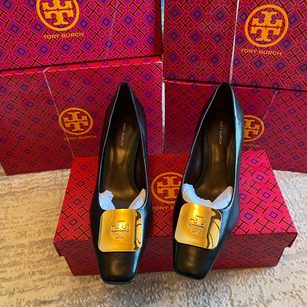 Tory Burch Georgia Black Leather Wedge Pumps